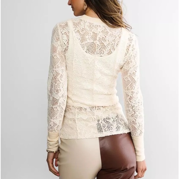 Cream Long sleeved Fleece Lacy Sheer Over-shirt - Picture 3 of 9